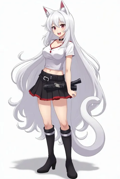 Anime style: a female cat with white hair, small cat fangs on her teeth, a white tail and a C-cup bust and a white cat tail also with a belt with a sword with its case and the girl wears a black skirt with red sizes around it and tall black boots and a t-s...