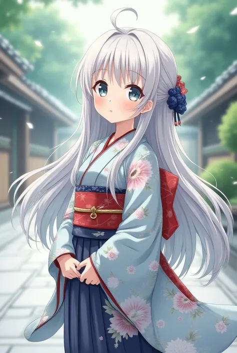 Beautiful elementary school student anime、 kimono has T-back silver hair on the lower body　