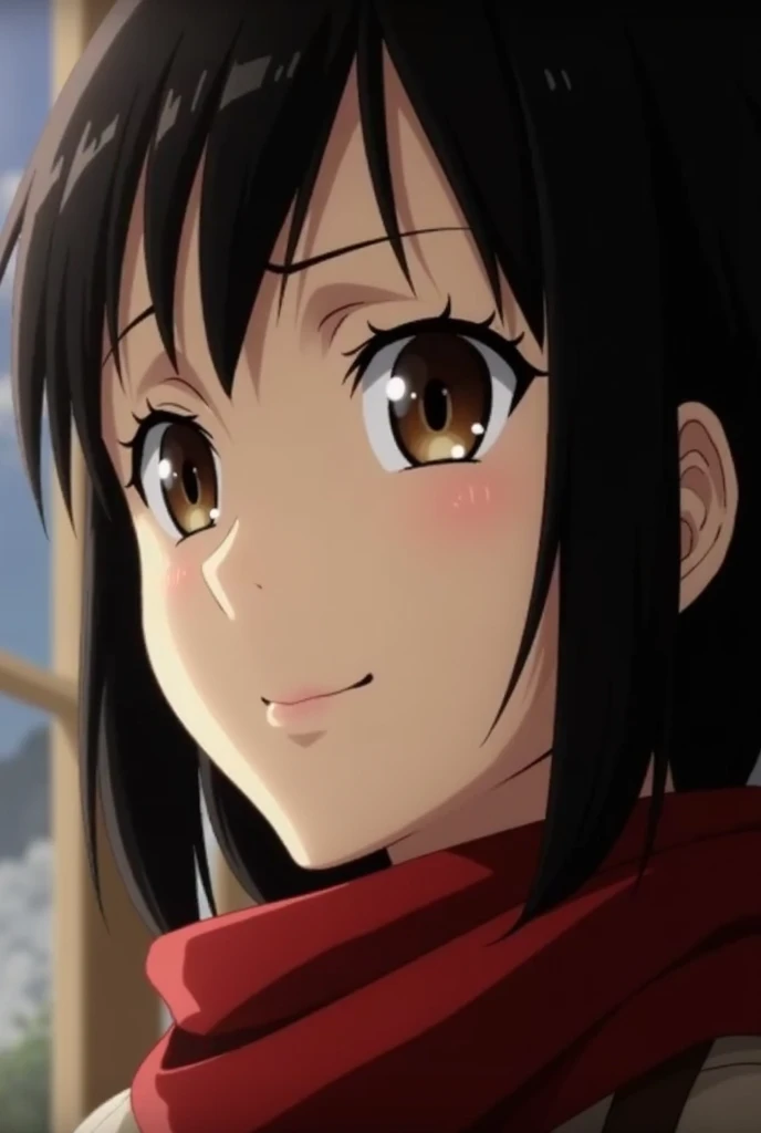 Mikasa Ackerman season 4 up close smiling slightly with her head tilted to the left and her eyes closed