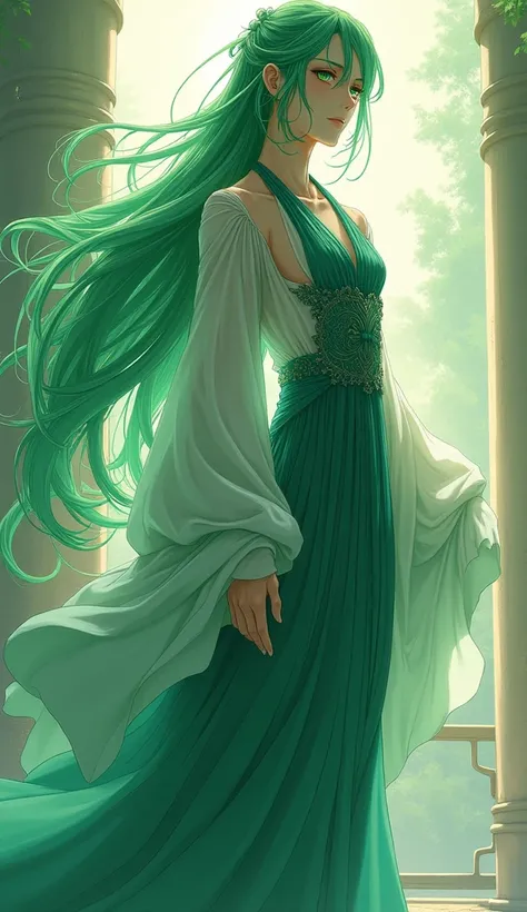 man full body,  anime.  long green hair , oriental style, green eyes.  Elegant dress with ribs. 