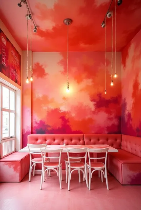 Make a horizontal mural for an ice cream parlor with the concept of red tones and based on the designs and murals of the artist LeDania, do something abstract. 