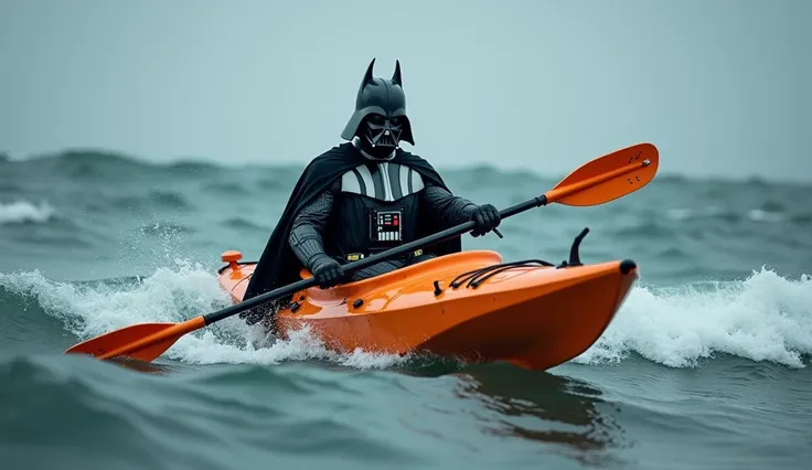 A mix between dart Vader and Batman sailing in an orange kayak amidst the ocean waves