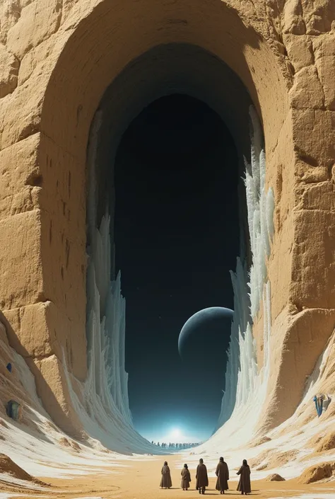 an arch shaped doorway in the side of a huge sandstone cliff
the doorway leads into a dark void, around the doorway ice tendrils spread onto the cliff,
through the void an alien planet lit by a harsh blue sun can be seen
a huge crowd of people in a long qu...