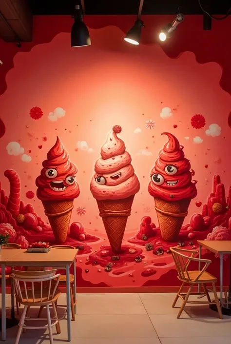 Make a horizontal mural for an ice cream shop with the concept of red tones and take as a reference the designs and murals of the artist LeDania do something cool 