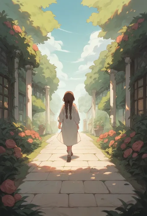 1 girl,  brown hair,  Hair with two high braids,  lines of motion ,  Slightly separated lips ,  High resolution , walking through a garden with open arms 