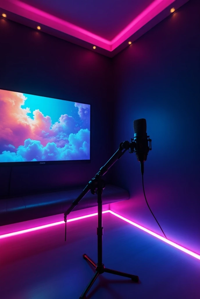 "A modern and stylish TikTok studio room with sleek, dark walls and vibrant LED lighting. In the center of the room is a high-quality microphone on an adjustable stand, perfectly positioned for recording.  

, a large, wall-mounted LCD screen displays dyna...