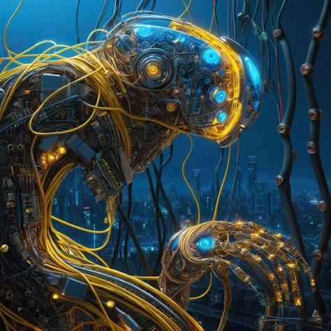 一幅                 surrealism 的手绘数字插图展示了一个由无数彩色电线、A                surrealism hand-drawn digital illustration showing a humanoid figure intricately composed of circuit boards and mechanical parts。 The face is very similar to a human ，, but it is certainly ...