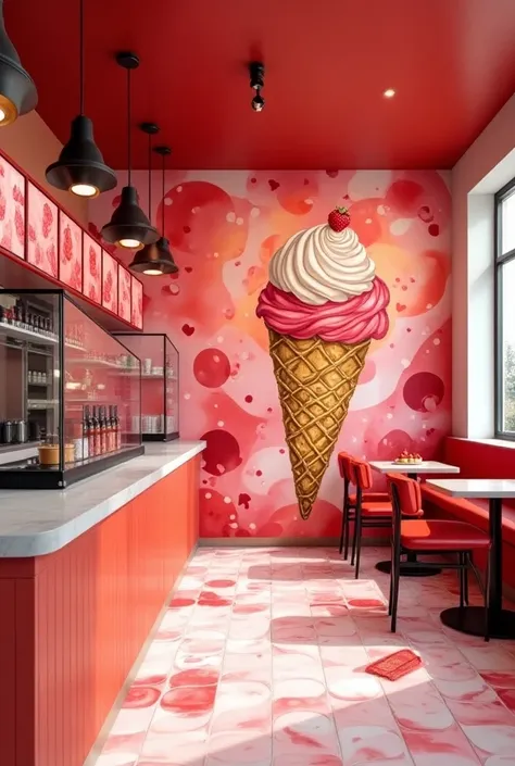 Make a horizontal mural for an ice cream shop with the concept of red tones and take as a reference the designs and murals of the artist LeDania do something cool show me the design without furniture, Alone 