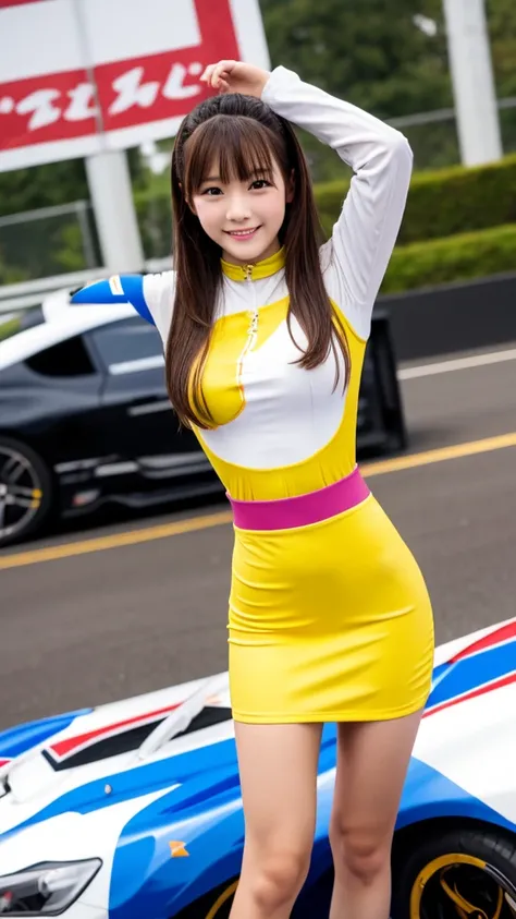 Best Quality, 1 female middle school student , ，Very tortuous, (Small breasts,  clevis)、大変 charming太もも，Standing with legs open 。Inner thighs are visible， race queen ，stoic,  dark brown hair throughout the church,  shortcuts、Young and cute face，Yellow racin...