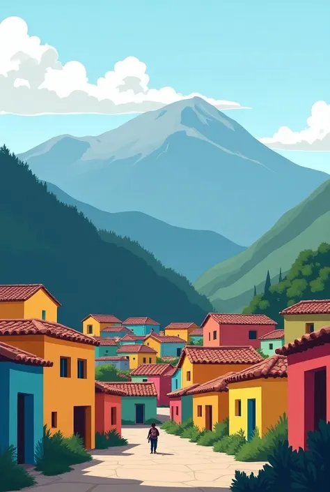 Andean town with few houses, mountains, colorful but without so much detail of light and shade, Make it easy and simple add a person
And more color

