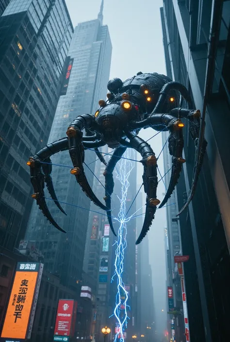 A giant mechanical spider weaving a web between skyscrapers in a rain-soaked cyberpunk city, each thread glowing blue with electric energy.