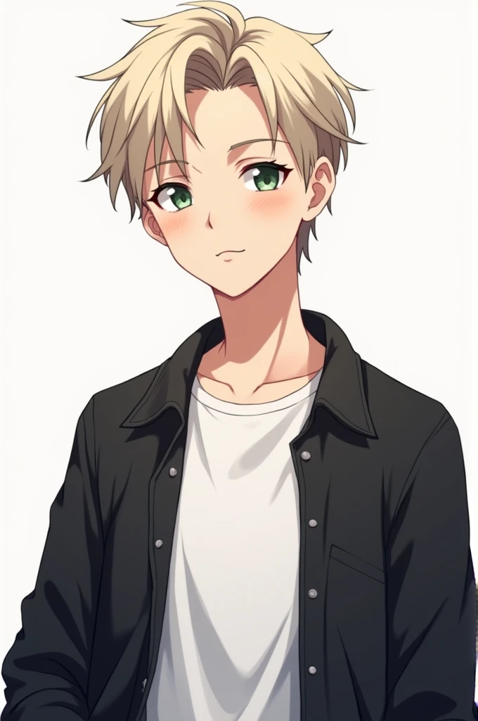 Create an anime image ,  of a white boy in a black jacket and a white t-shirt as a facebook avatar