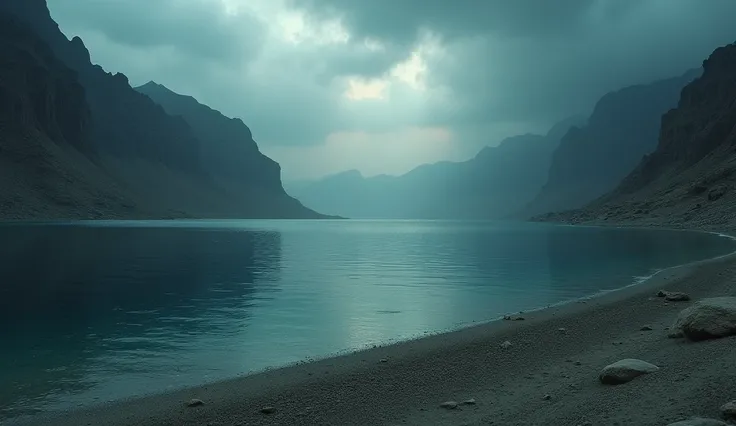 The Dead Sea with dark waters ,  highlighting the prophetic aspect of the region.