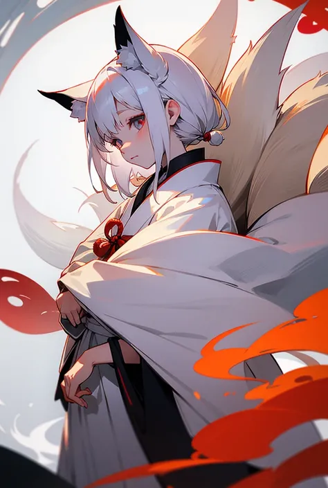 1 ,  white hair , little, Japanese clothing,  ears and fox tail, 8 tails , silver colored eyes,  white skin,  young 