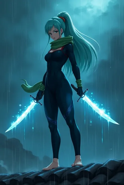 Bulma [Dragon ball z]  1 woman Fluffy Sky Blue Hair ,  Black One-Piece Suit with Hood , barefoot, green scarf,  black gloves, Blue Leaf Katanas  (Glitter 1 .5), dragon wings , on the roof of a building at night, and rain