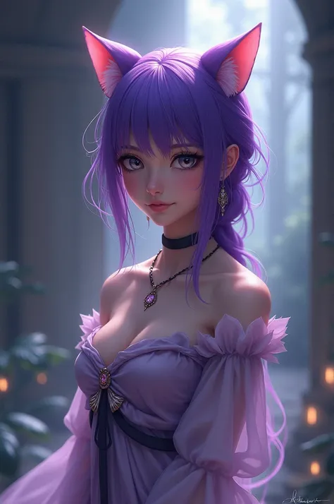 A girl with purple hair, gray eyes and cat ears and with a very good figure will win.