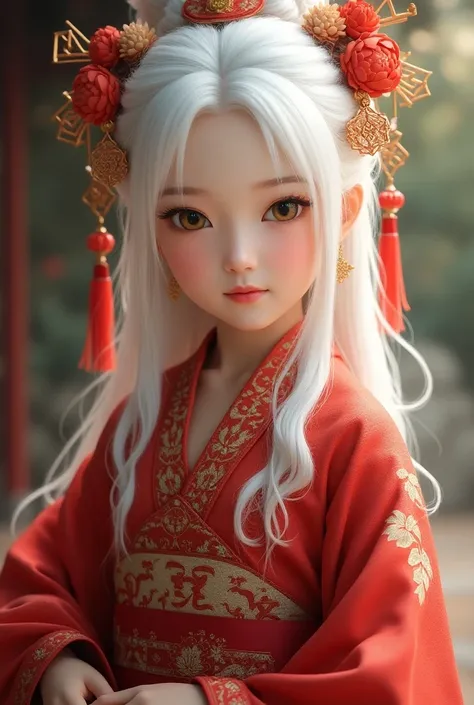 A Chinese girl with white hair and red Chinese tradition clothes with Chinese culture accessories 
