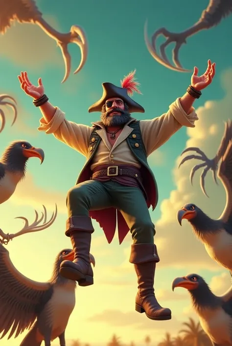 Animated image of birds with claws lifting a pirate man to the top. 