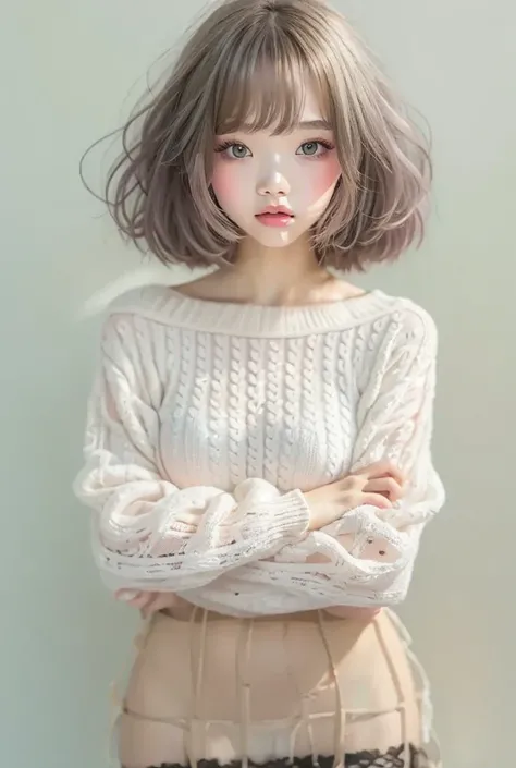 ((Extremely realistic)), ( super real), generate a highly realistic image, white backdrop,,15-year-old female,high school student、short bob hair, Im hiding my forehead with bangs,white-silver-colored eyes,Long False Eyelashes,Clear eyeliner、Thick lips,, Mo...