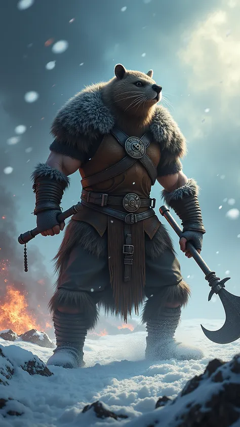 A Vikings with beaver animal head in snow region, epic and scary looking with cinematic style, colorful background, fighting in a snow storm