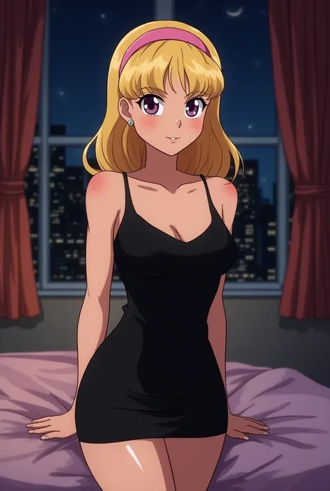 mandy from billy and mandy in 90s anime and adult style, blonde medium hair, pink Hairband, a seductive smile, mouth closed, dressed in a very short sleeveless black dress, collarbone, arms at side, 1girl, solo, looking at viewers, her bedroom background, ...