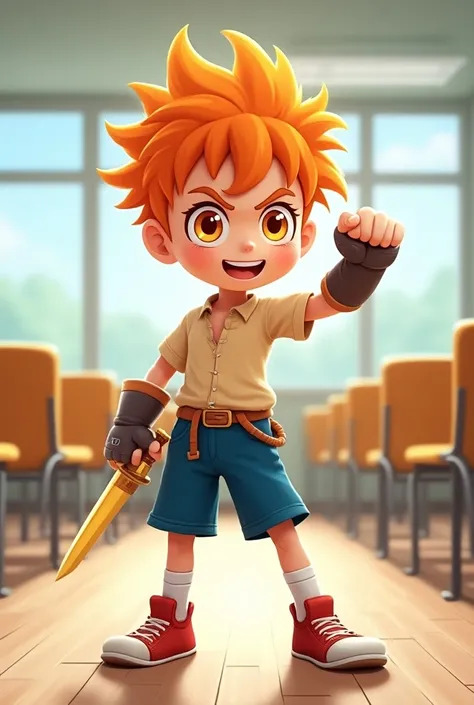 young boy, blue shorts, classroom, empty chairs, golden sword, iron gloves, white socks, red shoes, messy half orange hair, orange eyes, smile, raised right eyebrow, big windows, tall stature, full body, give a punch with the right fist, anime, 2D