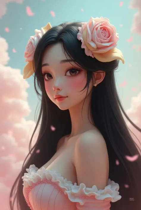 female character, with long black hair,with cake ears 
