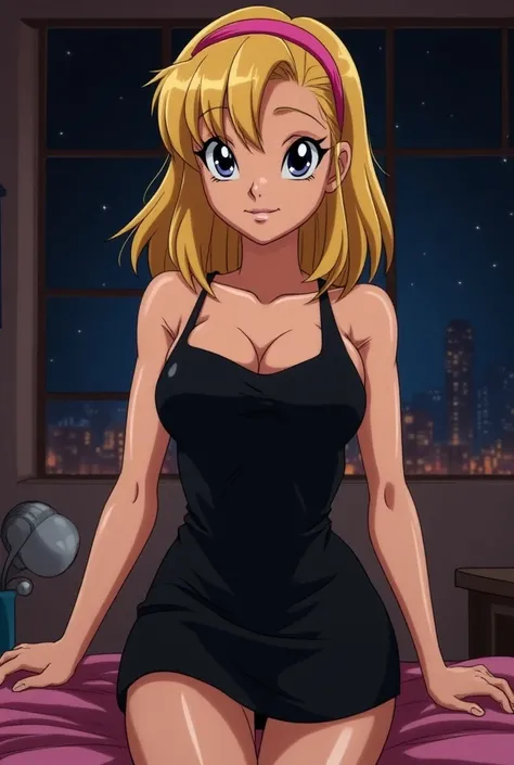 mandy from billy and mandy in a 90s dragon ball z anime style, blonde medium hair, pink Hairband, a seductive smile, mouth closed, dressed in a very short sleeveless black dress, collarbone, arms at side, 1girl, solo, looking at viewers, her bedroom backgr...