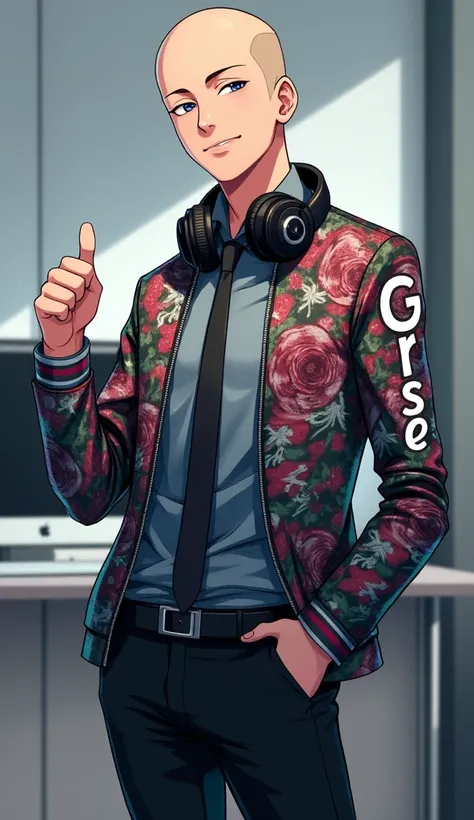 anime.  a medium height boy . attractive . no hair.  Jacket with graffiti print with the name Grise written vertically on the right side, dress shirt, gravata, black dress pants.  Bottom of the shirt out of the pants. Headset around the neck. standing. Bod...