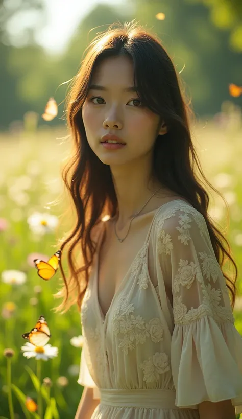  masterpiece , the highest quality, 8K,  ultra high resolution , real light and shadow, Cinema Lenses, (beautiful eyes: 1.1), ((Medium shot scenes,  upper body )),  Dynamic Pose , In the green meadow ,  came a gentle goddess soft steps .  She wore a dress ...