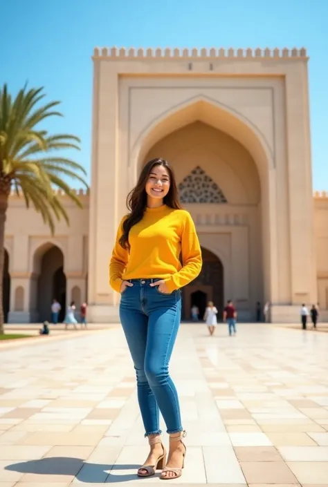 A 18k photo quality photo  A young beautiful woman stood in front of a large building with a unique architectural design. The building appears to be a mosque or similar structure with a large arched entrance. The woman was wearing a bright yellow sweater, ...