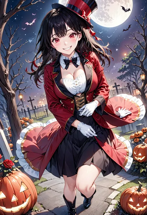 ultra-detailed,master piece,best quality,high resolution,detailed face,thin、cute、One Woman、Long black hair, Large Breasts、(((Big smile)))、Anatomically correct, （A night with a big moon、The border of a mysterious atmosphere、Dead Tree、Bats flying、Cemetery、）(...