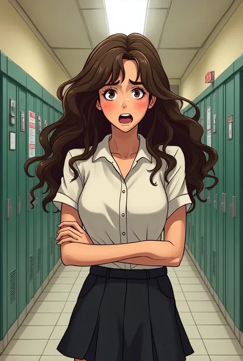 (have to pee, desperate, full bladder, stressed, blush, brow sweat), Brown hair . beautiful fenalw student with curly hair, worried face, infinitely long school hallway, crowded, energy around the woman energy and a floating effect message "EMERGENCY" Comi...