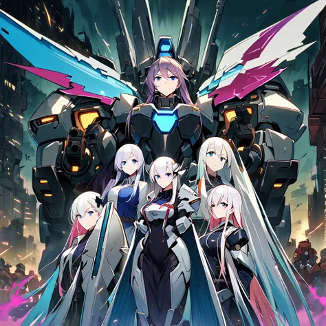 Anime, high detailed, multiple womans, mature womans, shiny-like mecha armor, large mechanical wings, large Gauntlet, serious, curvy body, long mechanical wings, mecha weapons、Colored armors、magenta Colored aura、BLUE Eyes, elongated pupils,  Mature Woman、m...