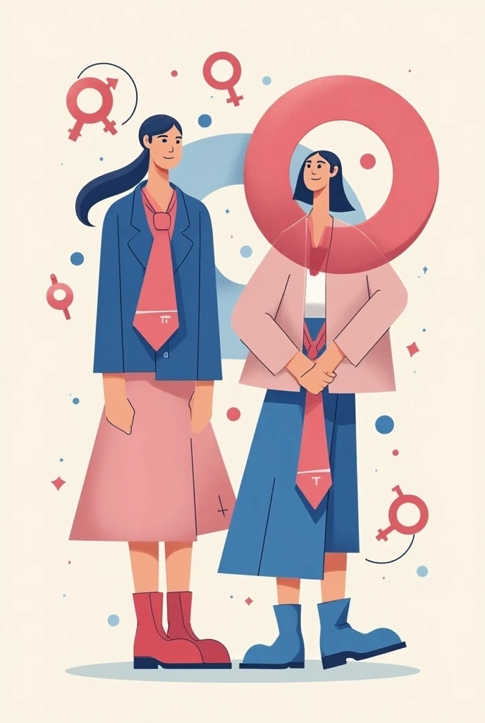 Here’s the refined prompt with the addition of gender symbols:

"Create an illustration using symbolic objects like ties, boots, sports gear, and dresses, arranged in a way that blurs traditional gender lines. Show these items intertwined or overlapping, s...