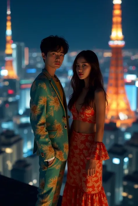  the highest quality and 8k resolution ,Front view,young,Height Difference, Handsome white man with black hair , A white beauty with long brown hair , wearing the beautiful and colorful complete fashion collection of Marc Jacobs in summer,Tokyo Skytower at...