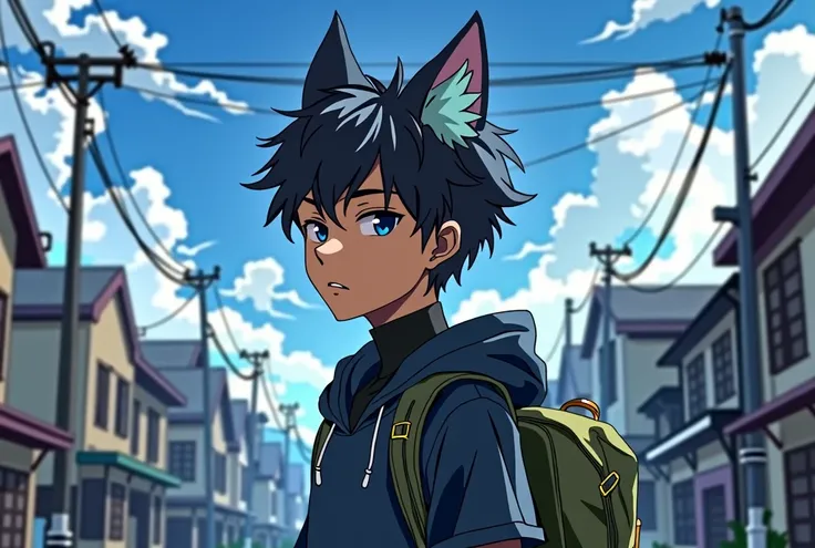 Realistic anime, young brown man, tan skin, black turtleneck t-shirt, open blue fake animal ears in the hoodie with  on, black pants, green backpack, in a close-up of the left side facing the viewer, in a poor neighborhood destroyed semi urban, silhouettes...