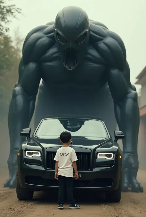 1 There is a big boy next to him who is eating a big car Rolls-Royce. The big boy is a black big car Rolls-Royce and the boy is wearing block pant and white shirt. Aman is written on the boys shirt.