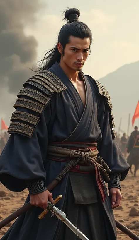 Japanese,23-26, Handsome man,  fair skin, black eyes（thin eyes 1：3), (Super detailed, best quality, 4K, 8k, High resolution, masterpiece:1.3) realistic pic, Wear clothes during ancient wars,　abs muscle,　The background is an ancient warfield, fighting 