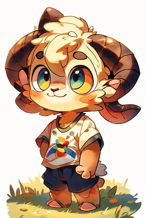 masterpiece, T-shirt, ((big eyes)),((curled horns)), deformed, sheep , toddler, ((Petite and cute emphasis)), male, furry, hyper cute face, solo, summer, ((short legs)), Colorful,