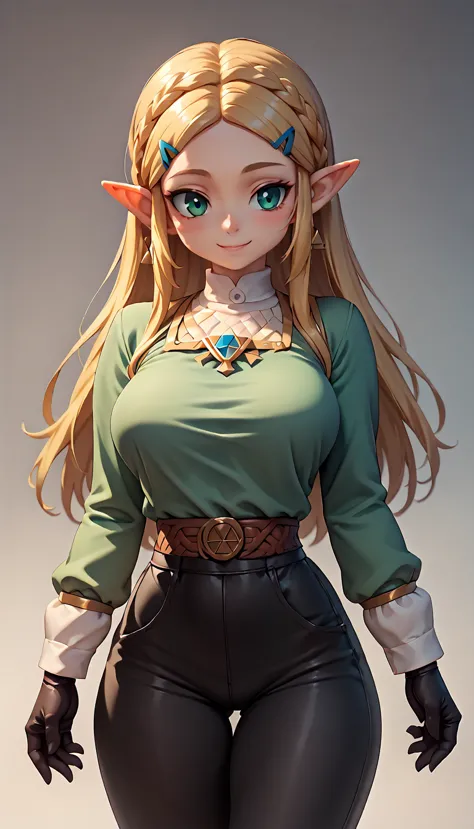 High resolution, Very detailed, perfect lighting, beautiful detailed eyes,   ((masterpiece,Best Quality)), absurdities, alone,     princess zelda, by the width, crown braid, Hair clip, pointy ears, Green shirt, long sleeves, Gloves without fingers, black gloves, Black pants, tight pants, smile, curves, nod,   ,  deep neckline, deep neckline 