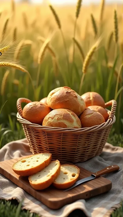  Image of a beautiful wheat field , a checkered canvas on the ground ,  and a beautiful basket with a variety of tasty breads ,  an artisanal wooden board ,  with several slices of sliced bread :1.4, a knife on the side ,(raw photo, Better quality,  masterpiece , photorealistic, of the highest quality,  maximum image quality ,  high resolution, 8K, HD:1.2), Vibrant,ethereal lighting, sharp focus , Ultra detailed,(( Extremely detailed 8k unified CG wallpaper)), Surreal and dreamlike textures,magical and mysterious essence,  unexplored and undiscovered wonders ,Sculptural and abstract elements,transcendent composition, visual effects, photorealistic, Digital composition masterclass