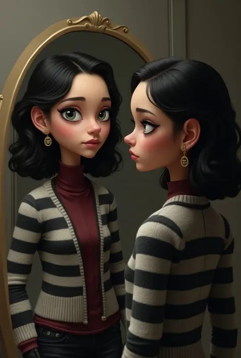 Create me a realistic caricature image of a slender, tall girl of 1 meter 63, with wavy, chin-length hair, somewhat voluminous, dark complexion, with one blue-green eye and the other almond-colored. The girl looking in the mirror is wearing a wool sweater ...