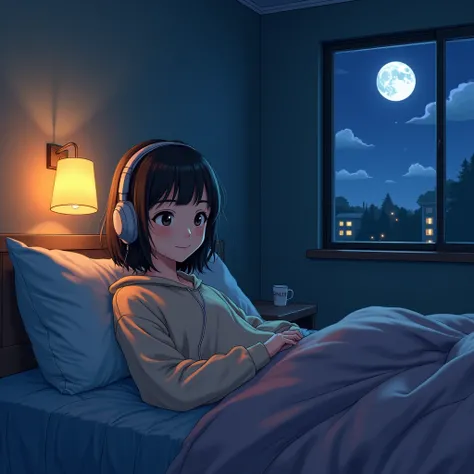 8k、High school girl、Mature、Sweatshirts、 listen to music with headphones、Calm room、lamp、relax、smile、night、moon、2D-style animation, Lo-Fi、LoFi、Retro、アニメ調Illustration、Illustration