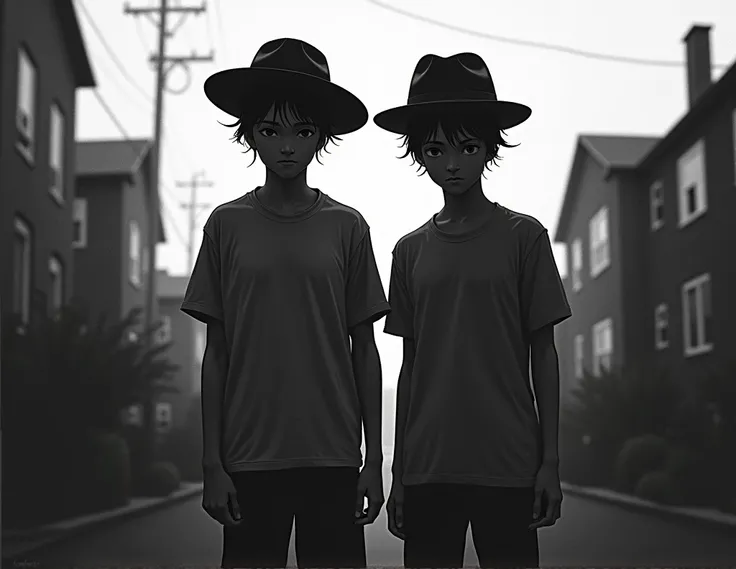 The black silhouette of two adult boys with a neighborhood in the background wearing hats