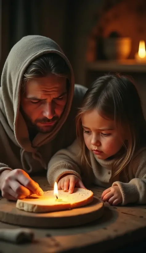 a poor family sharing a slice of bread, extremely detailed, highly realistic, cinematic lighting, warm tones, dramatic composition, emotional expression, intricate details, photorealistic, 8k, best quality, masterpiece