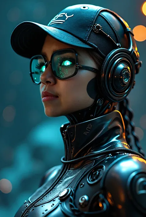 A highly detailed, woman cyborg, with a focus from the shoulders up, looking slightly towards the camera. The cyborg should have a futuristic and sleek appearance, featuring polished metal, intricate mechanical details, and neon glowing cybernetic implants...