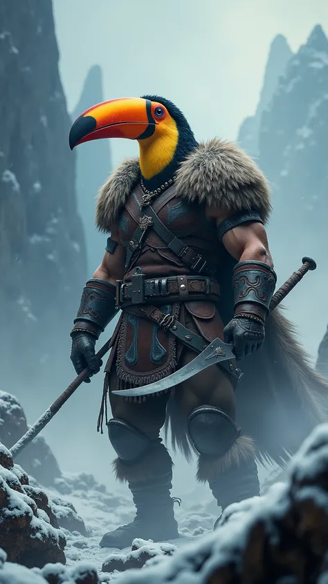 A Vikings with Toucan animal head in snow region, epic and scary looking with cinematic style, colorful background, fighting in a snow storm