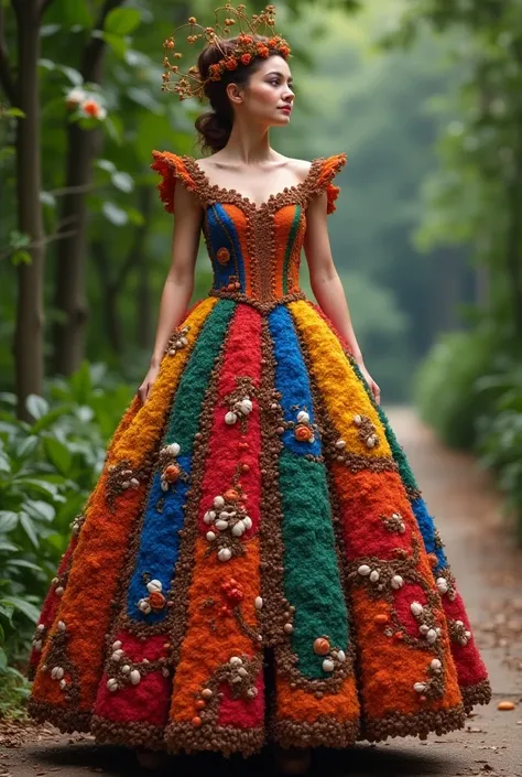 A dress with coffee beans and cotton with colors and in a princess cut with bright colors


