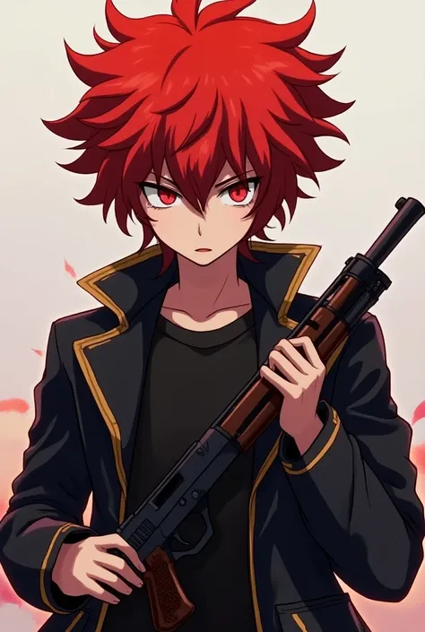  Teenage boy with a danganronpa drawing style, with very fluffy hair like that of a red cloud and short ,  red eyes and wears a short black jacket and carries a gun